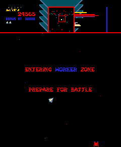 Screenshot from the game Sinistar, screen reads ‘ENTERING WORKER ZONE. PREPARE FOR BATTLE.’